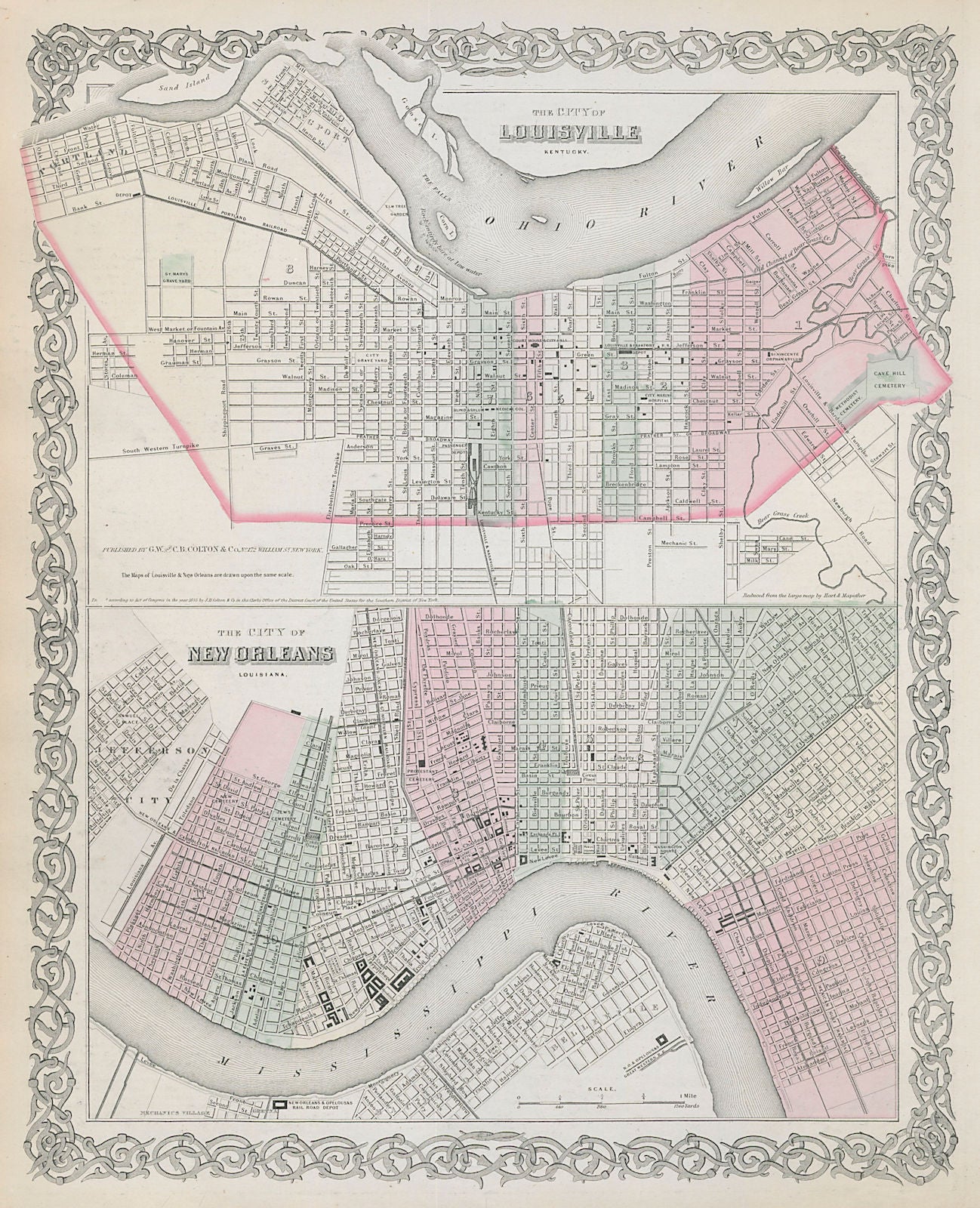 Louisville, Kentucky & New Orleans, Louisiana antique city plans COLTON 1869 map